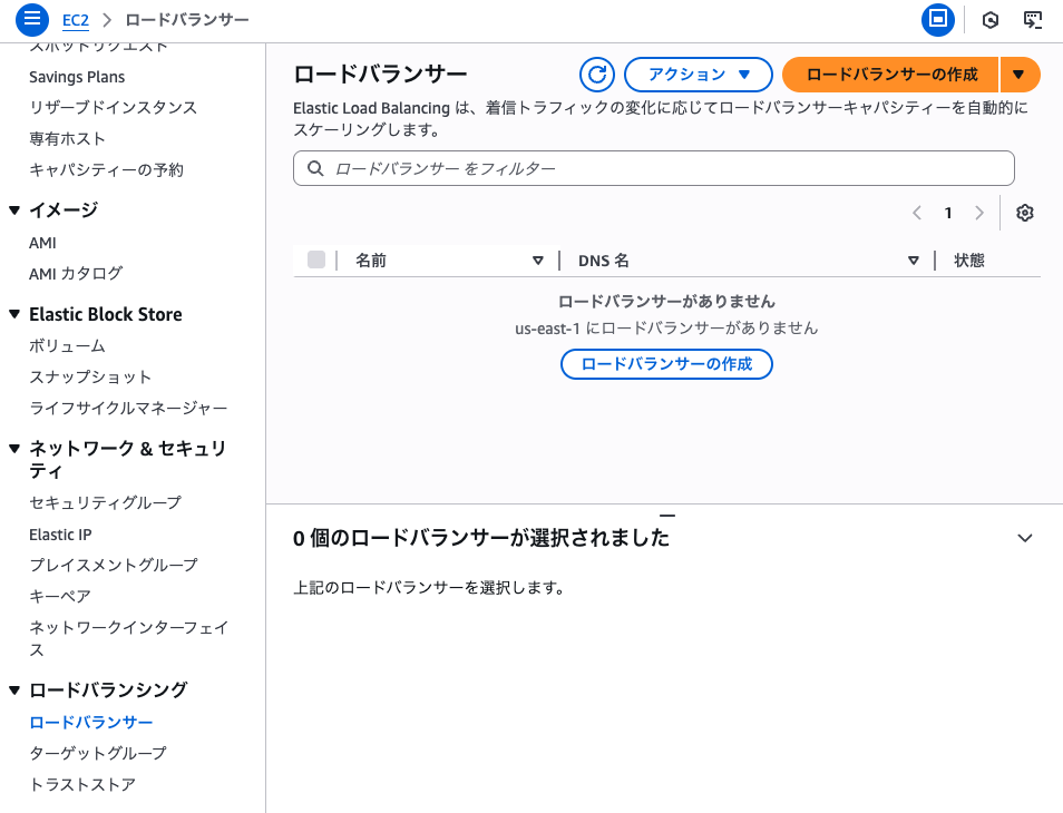 ロードバランサー一覧と作成ボタン