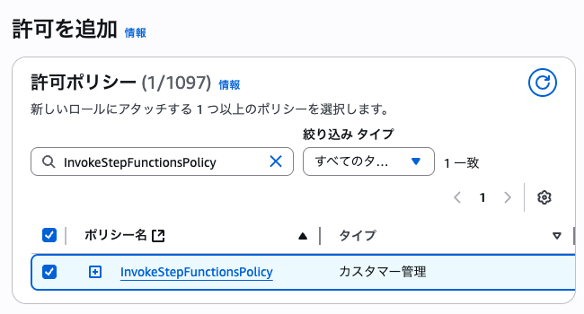 IAMロールの許可ポリシー設定画面