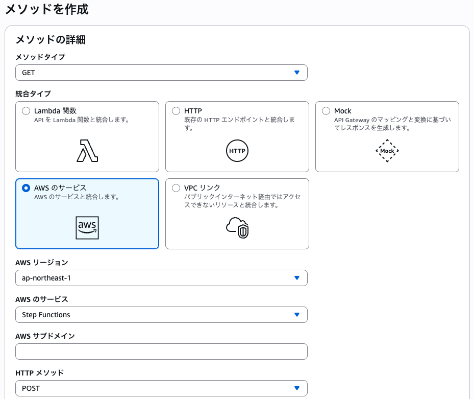API Gateway REST APIのメソッド作成画面